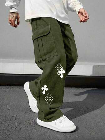 1 Peça Calça Cargo Masculina com Vários Bolsos, Corte Folgado com Estampa Cruzada, Adequada para Praia, Transporte Diário, Esportes ao Ar Livre, Perna Reta Relaxada, Estilo de Rua da Moda, Presente para Namorado/Marido, Todas as Estações, Outono