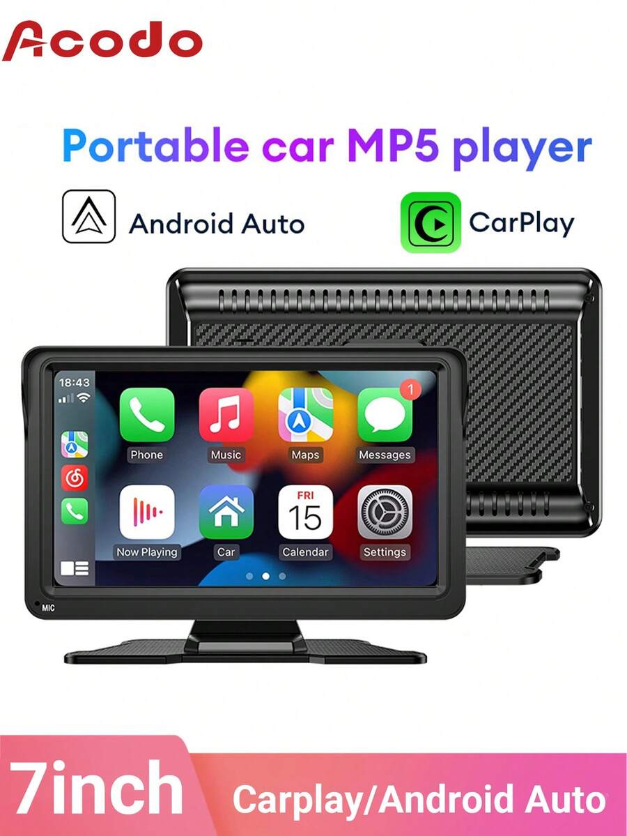 Acodo 2025 New 7Inch Universal Portable Car Multimedia Player Wireless Carplay And Wireless Android Auto Car Radio Touch Screen Sun Visor