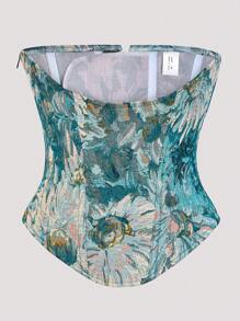 Women Vintage Floral Waist Trainer, Cincher Corset Bustier Top With Back Tie, Suitable For New Year Party, Valentine's Day, Holiday Outfits