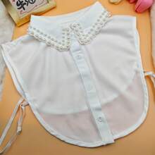1pc Women's Classic Chiffon Detachable Collar With Double Row Pearl Beading, Elegant Premium Quality Versatile Accessory