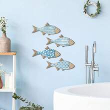 1/4 件木制蓝色热带鱼墙面艺术标牌，适用于家庭办公室墙壁装饰，农舍可爱热带鱼墙壁装饰，适用于家庭客厅卧室装饰夏季家居装饰海滩 - 彩色 - 查看 4