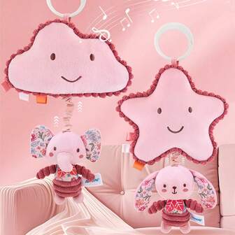 婴儿毛绒玩具，带音乐盒，粉色大象和兔子装饰，适用于婴儿推车、汽车座椅，带有感官细节，会发出吱吱声，适合新生儿的感官玩具，最佳礼物，多种款式可选，适合0岁及以上宝宝的婴儿派对和圣诞节礼物，圣诞装饰品