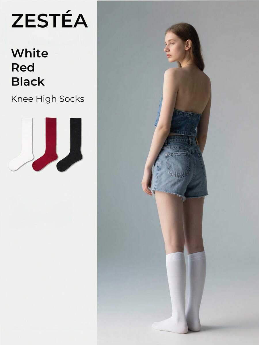 1 双女士及膝袜，白色、黑色、红色户外运动袜，休闲袜，返校袜