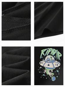 1pcs RipNDip Alien Cat Printed Men's Tee UFO Crewneck Tshirt 220g Heavyweight 100% Pure CottonPerfect For Casual Wear  Machine Washable  Ideal Gift For Christmas - Black - View 4