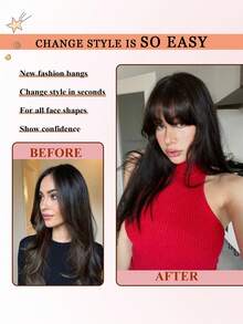 齐刘海直刘海夹式接发刘海两边分层长直侧刘海黑棕色假发女士 1 件