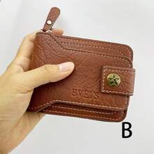 1 件休闲复古男士钱包，短款拉链钱包，零钱包，五角星铜扣设计，多功能