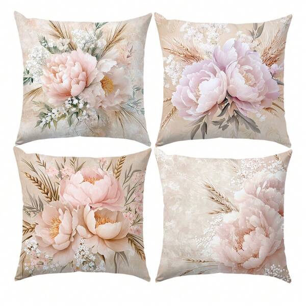Set de 4 fundas de cojín con ramo de flores y trigo en color rosa, de material de terciopelo durazno suave, adecuado para sala de estar, dormitorio, sofá, decoración del hogar, impresión unilateral, medida de la funda de almohada: 45*45CM, regalo