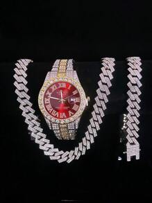 Conjunto de 3 piezas de reloj, collar y pulsera con Rhinestone, Reloj con correa de acero, calendario y caja de regalo para hombres y estudiantes, estilo hip-hop, conjunto de joyería de collar, pulsera y reloj de cumpleaños