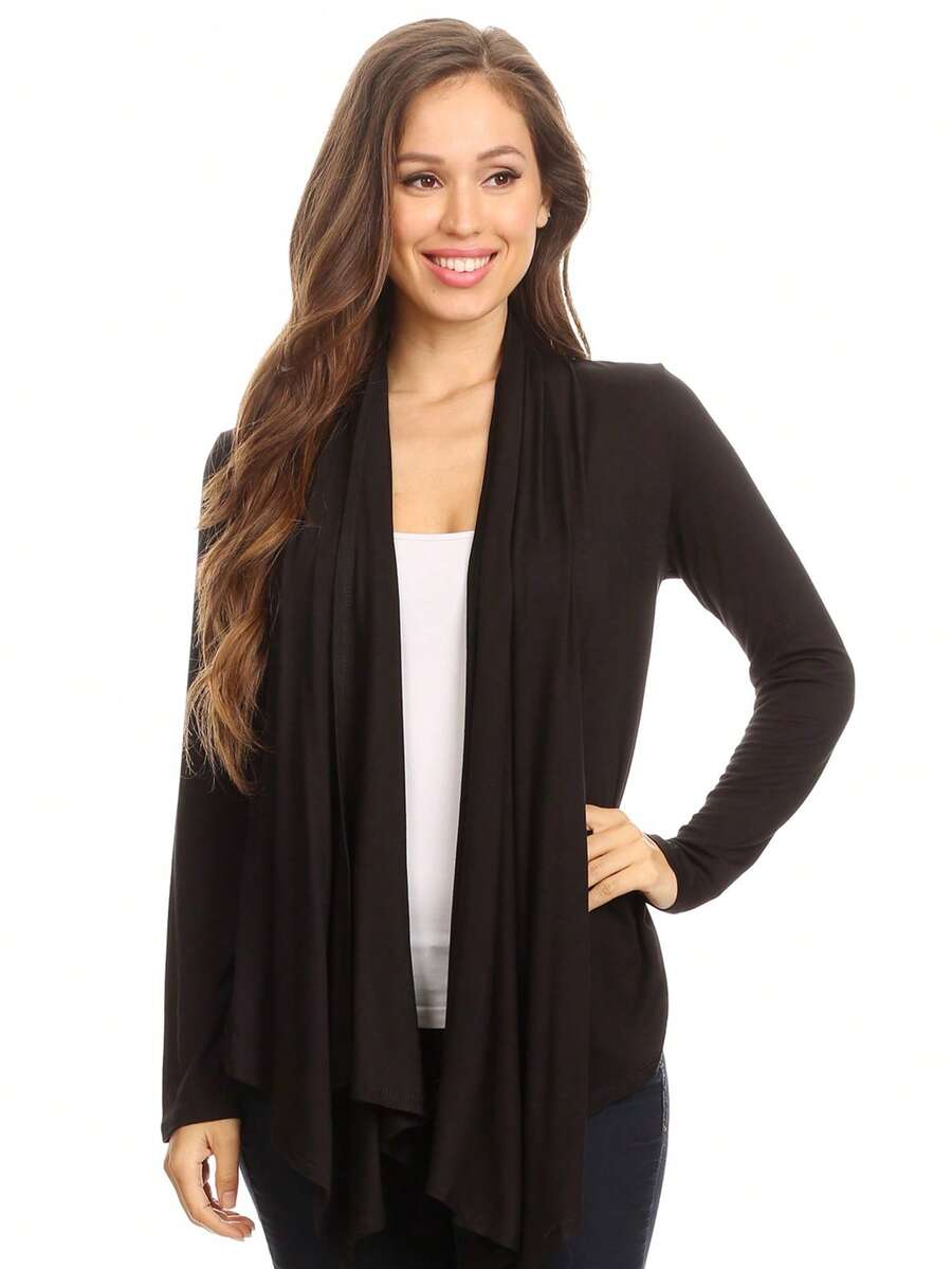 Casual Solid Long Sleeve Drape Open Front Cardigan Lightweight Layering Essential For Everyday Wear Casual Asymmetrical Daily - 黑色 - 查看 1