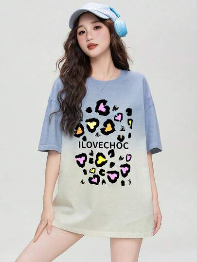 JUTU Summer Loose Round Neck T-Shirt, Women's Street Style College Inspired Butter Yellow Pure Cotton Blue & Apricot Color Contrast Heart Print Short Sleeve Washed Fabric