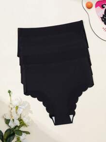 5pcs Women's Seamless Triangle Panties, Solid Black, Fashion & Comfortable, Wavy Hem Design, Casual Daily Homewear Set