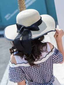 1 件女童 12-16 岁蝴蝶结丝带沙滩草帽，大遮阳帽檐夏季度假防晒遮阳宽边太阳帽，多功能