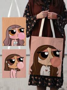 1 件卡通图案双面印花单肩手提包印花手提包大容量可重复使用单肩购物袋女士休闲单肩包大容量手提购物袋印花女士杂货单肩包轻便、便携、大容量、可爱、可折叠，非常适合少女、女大学生、返校、大学、初中、高中 - 彩色 - 查看 10