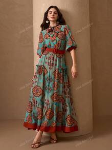 Elegant Romantic Print With Solid Color Fabric Belt Decorated Women's A-Line Vacation Dress
