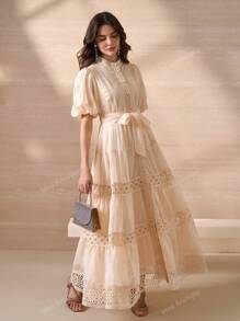 Elegant Flower Lace Splice Full Opening Button Decor Women A-Line Dress