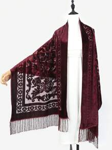 1pc Women's Rose Jacquard Velvet Tassel Scarf, Fashion Elegant Shawl, Versatile For Dance, Party, Festival, High-End Ladies Premium Scarf