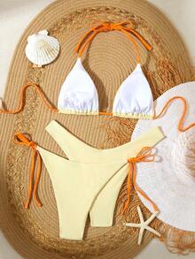 3pcs/Set Fashion Bowknot Tie-Back Bikini Set Set, Casual & Sexy Beachwear - Yellow - View 5