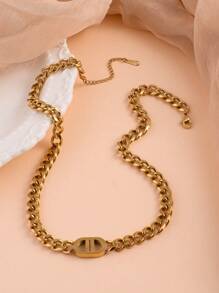 Gold Cuban Chain Geometric Charm Necklace & Bracelet Set, Hip-Hop Thick Chain Jewelry Set, Suitable Gift For Mom, Wife, Friends, Students