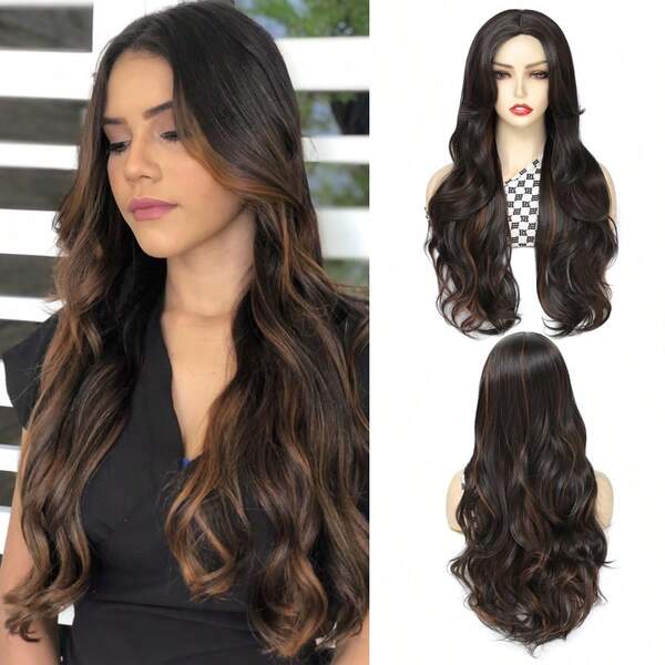 Long Dark Brown Wavy Wigs Ombre Brown Curly Wave Wigs For Women 22/26 Inch Middle Part Synthetic Heat Resistant Wig For Cosplay Party Daily Use