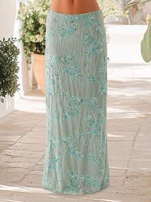 Women Summer Skirt Casual Elegant Sequin Floral Embroidery Long Skirt For Beach Vacation Club Streetwear - 薄荷綠 - 查看 5