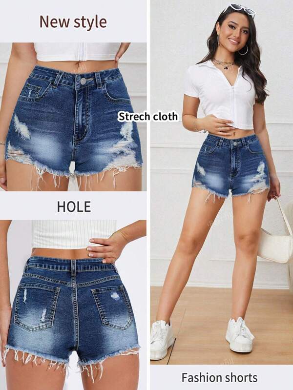 TOP New Summer Casual Versatile Ripped Distressed Stretchy Denim Shorts For Women