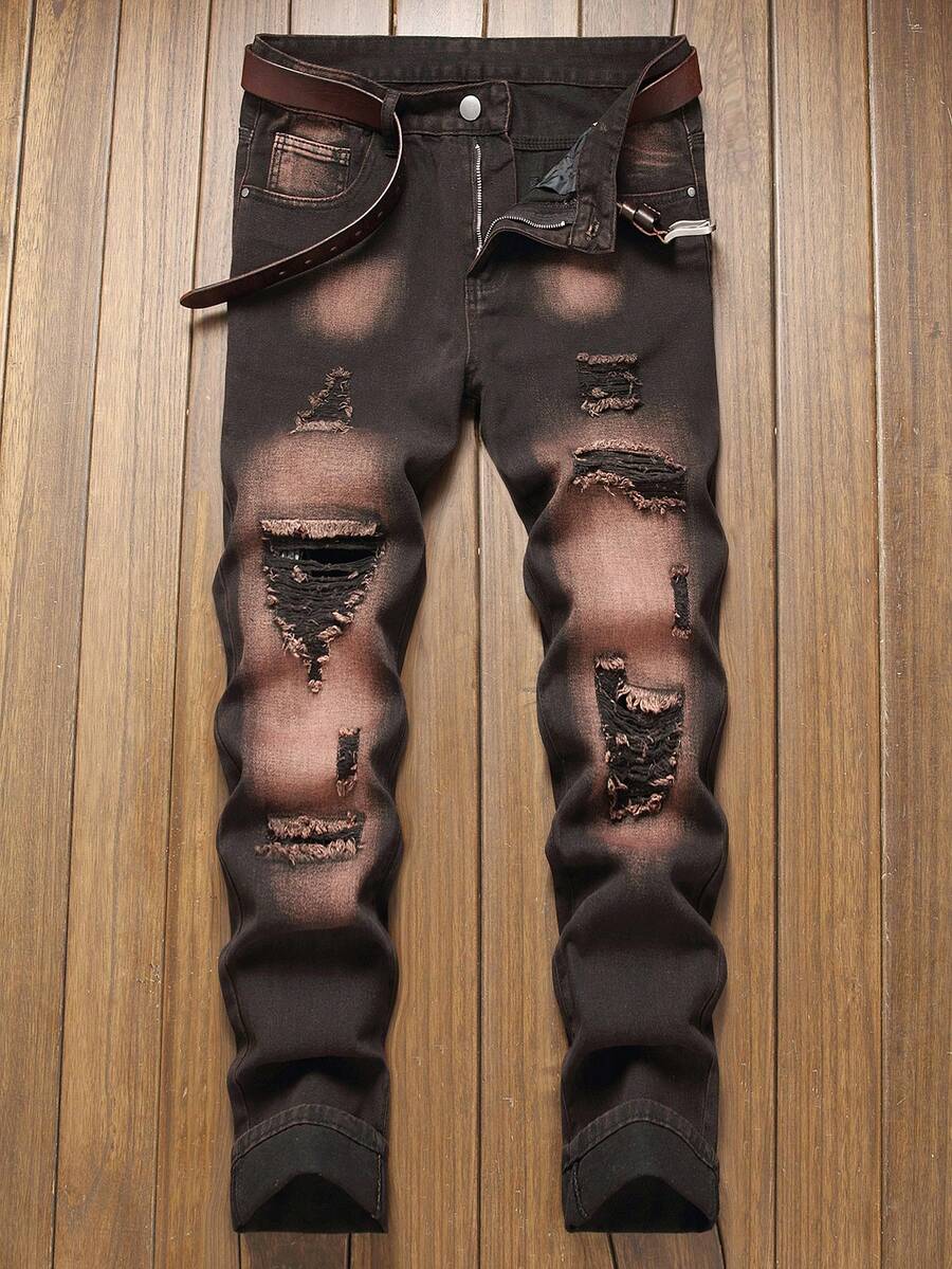 Men's Black Straight Slim Fit Vintage Distressed Ripped Jeans - Black - View 1
