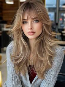 Parrucca lunga da 22 pollici con onde e frangia, colore castano sfumato con riflessi biondi, adatta per donna, resistente al calore, parrucca sintetica per uso quotidiano, feste e cosplay