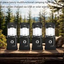 4pcs Solar Camping Lantern, Collapsible LED Solar USB Rechargeable Lantern Flashlight Emergency Hanging Lights For Camping Hurricane Equipment Power Outages Supplies Storm Survival Kit Indoor Outdoor