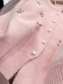 Cardigán Elegante para Mujer - Suéter de Cuello Redondo con Aplicaciones Florales, Manga Larga y Abierto al Frente, Tejido Suave y Elástico, Lavable a Máquina, Moda Otoño-Invierno, Prenda Capas, Ropa Casual de Invierno, Chic y Decorativo - Rosa - Ver 5