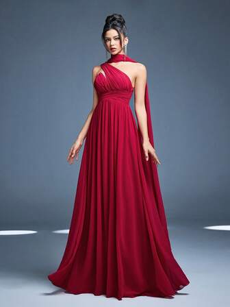 Mgiacy, nuevo lanzamiento, vestido de dama de honor de un hombro, con cinta para bufanda, elegante, volantes, gasa, vestido largo, para vestido de invitada de boda para mujer