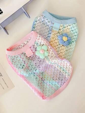 1件夏季清凉镂空宠物背心，多巴胺小花装饰猫狗背心透气防掉毛猫狗衣服衣服，适用于贵宾犬、比熊犬等中小型犬