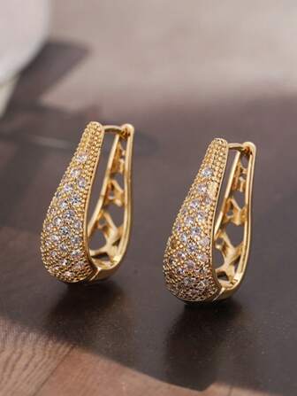 1 Coppia di orecchini pendenti eleganti a forma di arco asimmetrico in rame con zirconia cubica, colore oro, adatti per occasioni festive, matrimoni, feste e regali di ritorno a scuola