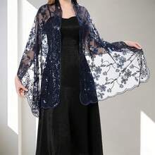 Sequin Floral Shawls And Wraps For Evening Dresses, Women Sparkly Sheer Mesh Wedding Shawls For Evening Party - 藏青色 - 查看 3