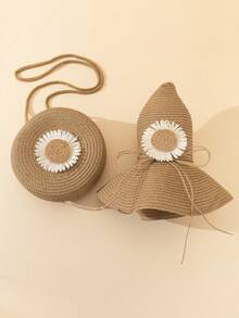 2pcs/1pc Women Khaki Wavy Sunflower Beach Sun Hat & Straw Crossbody Bag & Coin Purse Set, Suitable For Daily, Vacation, Travel - Multicolor - View 3