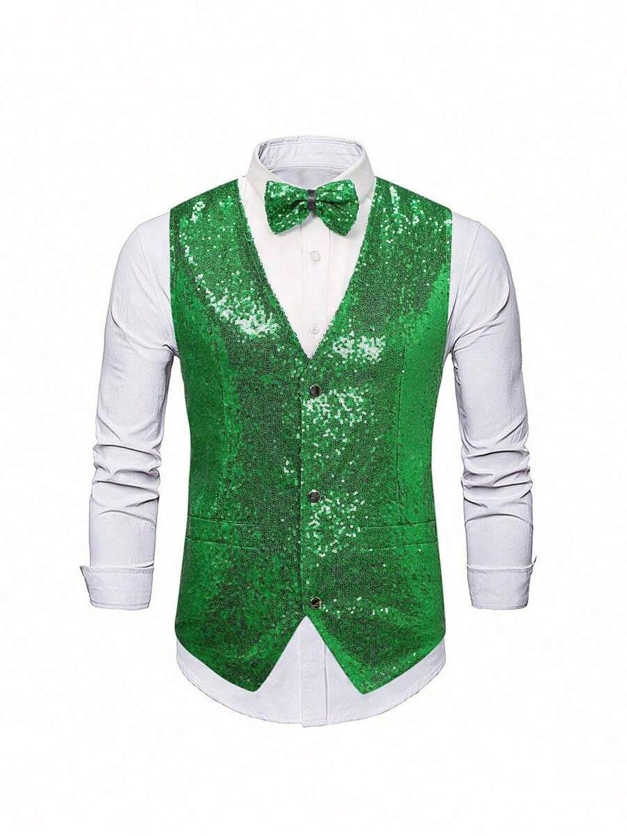 Men's Shiny Sequin Stage Performance Vest, For Photography Studio Shooting, Emcee, Singer, Presenter