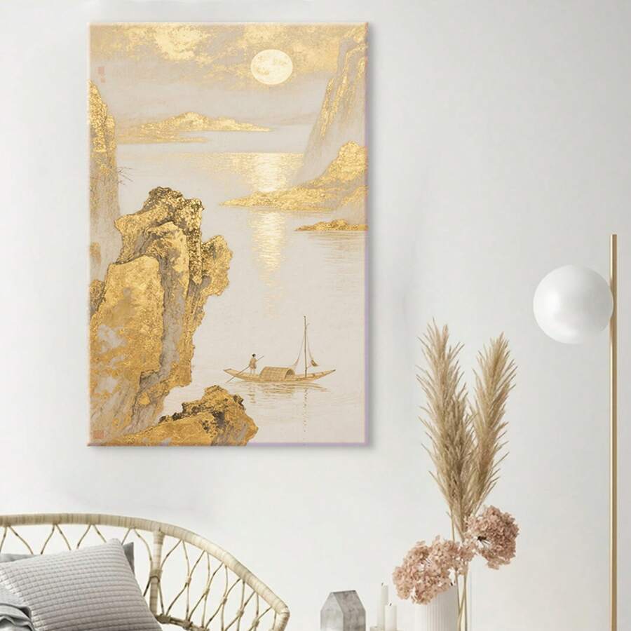 1pc Framed Landscape Decorative Canvas Painting With An Oriental Charm, Featuring A Large Number Of Gold Foil Elements, Creates A Magnificent And Mysterious Atmosphere, Symbolizing Wealth And Good Fortune(Inner Framed)12*18inches - Khaki - View 1