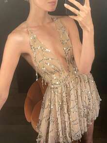 Glitter Sexy Sequin Patched Criss Cross Backless Mini Party Dress, Suitable For Beach, Party, Music Festival - Champagne - View 6