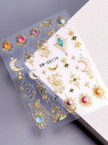 2 Pieces Of Bohemian Star Moon Sun Relief Nail Art Stickers - Yellow, Red, Blue, And Purple Stars, Moon, Sun, And Pearl Art Designs, 5D Relief Craftsmanship, Disposable Self Adhesive Back Adhesive Nail Stickers Suitable For Women, Bohemian Star Moon Theme Style, Easy To Stick Nail Decoration Stickers