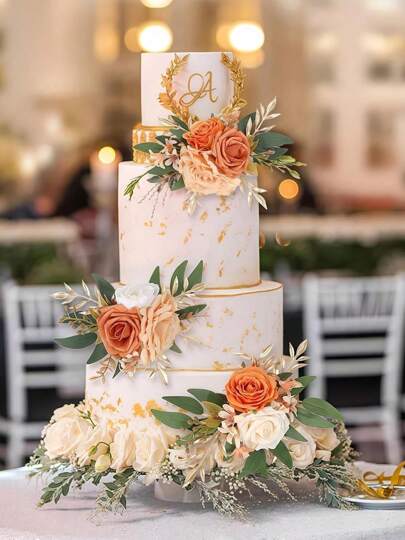 3PCS Wedding Cake Toppers Rose Fake Flowers Artificial Cake Flowers For Wedding Anniversary Birthday Party Home Decor