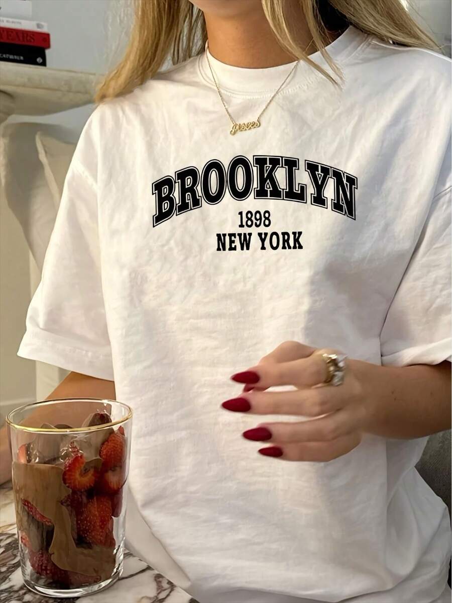 1pc Vintage Brooklyn 1898 New York Print T-Shirt, Women'S Casual Round Neck Short Sleeve Tee, Cotton Knit Summer Top - trắng - Xem 1