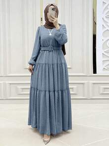 新款时尚系带长袖连衣裙，优雅休闲日常连衣裙，新年连衣裙 - 天藍色 - 查看 4