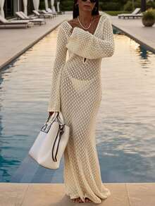 Crochet Deep V-Neck Backless Ruched Waist Fitted Cover-Up Dress, Suitable For Vacation, Women, Fashion & Elegant, Suitable For Beach Wear - White - View 9