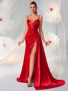 ADYCE 深 V 领细肩带舞会礼服，高开叉，高腰露背，系带设计，适合舞会、晚会或活动、超长派对礼服、婚礼宾客礼服、正式礼服、晚礼服