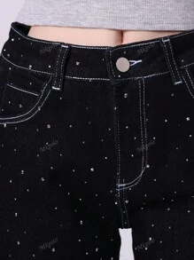Jeans a gamba larga da donna neri con motivo a diamante, pantaloni a gamba larga da donna, adatti per l'uso quotidiano, campus, lavoro, pendolarismo