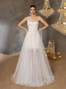 Faeriesty Elegante vestido de novia clásico con escote corazón de un hombro, intrincado corpiño de encaje y falda de tul fluida - Vestido de boda romántico para ceremonias en iglesia, jardín, playa y salón de baile