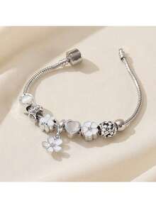 1 件优雅水钻镶嵌心形花卉吊坠串珠铜手链，适合女士，奢华个性化链式手链 [白色] [粉色] [可调节] - 銀色 - 查看 12