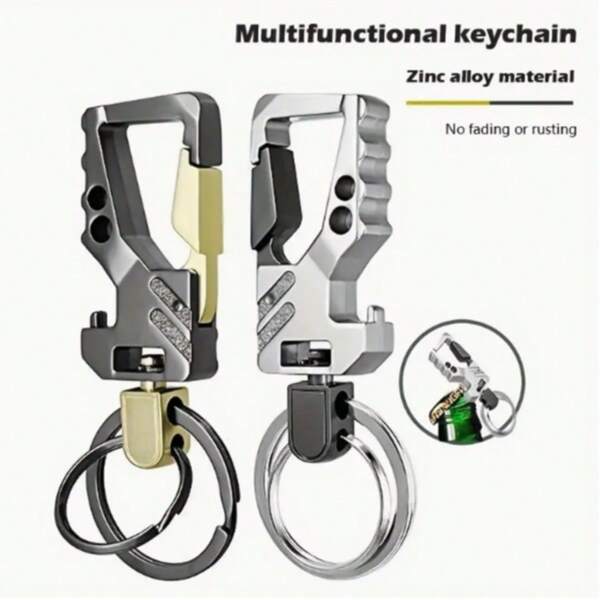 1pc A Gift For Father - Stylish Double - Loop Two - Tone Multifunctional Men's Car Keychain With Beer Bottle Opener, A Fashionable And Practical Accessory Car Accessories Bag Charm