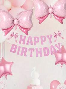 37 Piece Set Of White And Pink Latex Balloons, Bow And Pentagram Aluminum Foil Balloon Set, Sequin Balloons, With Happy Birthday Banner Wall Decoration, Suitable For Birthday Parties And Interior Decoration - Multicolor - View 6