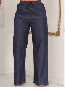 WOMEN'S JEANS PANTS WIDE LEG HIGH WAIST ELASTIC STRAP FUNCTIONAL POCKET Simple Pocket Drawstring - 藏蓝色 - 查看 7