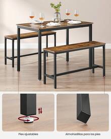 Conjunto de Mesa de Comedor y 2 Sillas, Juego de 3 Piezas, Mesa de 70 x 110 x 75 cm, 2 Taburetes de 30 x 97 x 50 cm Cada Uno, Marco de Acero, Marrón Rústico y Negro - Marrón - Ver 5